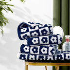 Jacquotha Cotton Hand Towels Navy Checkered Floral - Image 3
