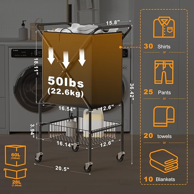 Laundry Basket with Wheels:88L Rolling Laundry Cart Foldable Metal Frame Dirty - Image 9