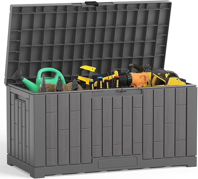 NEWBULIG 60 Gallon Deck Box, Waterproof Outdoor Storage Box with Lockable Lid, Patio Furniture Bench & Side Table, Outside Storage Container, Tool-Free Assembly, for Garden, Pool, Grey by NEWBULIG