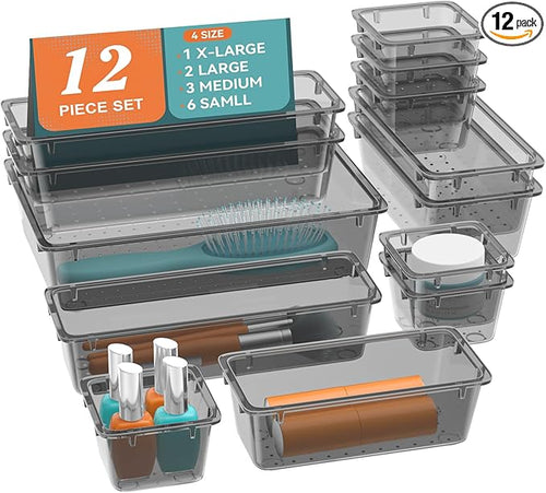 12-Piece Drawer Organizer Set, 4 Sizes Versatile Plastic Vanity Organizer by Unknown