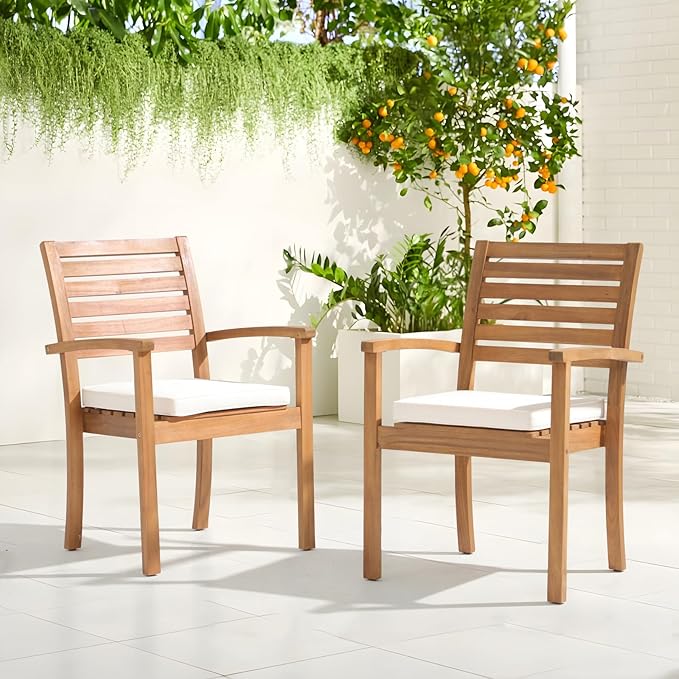 OC Orange-Casual Stackable Patio Dining Chairs Set of 6, Outdoor Acacia Wooden Chairs w/Armrest & Removeable Fabric Cushion, for Porch, Backyard, Garden, Indoor, Beige - Image 2