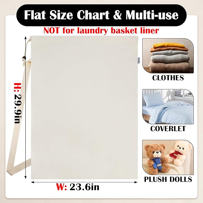 Canvas Laundry Bag with shoulder Strap 24"W x 29"H, Large Drawstring Dirty - Image 2