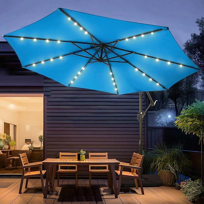 wikiwiki 10ft Solar LED Patio Umbrella with Base Included, Offset Umbrella with Sandbag Base, Cantilever Patio Umbrellas for Backyard, Garden & Deck, 32 LED Lights & Polyester Shade, Royal Blue - Image 9