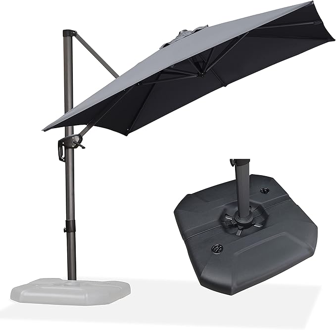 PURPLE LEAF 8 Feet Square Cantilever Umbrella Patio Umbrella with Base Outdoor Umbrella Aluminum Offset with 360-degree Rotation for Garden Deck Pool Patio, Grey by PURPLELEAF