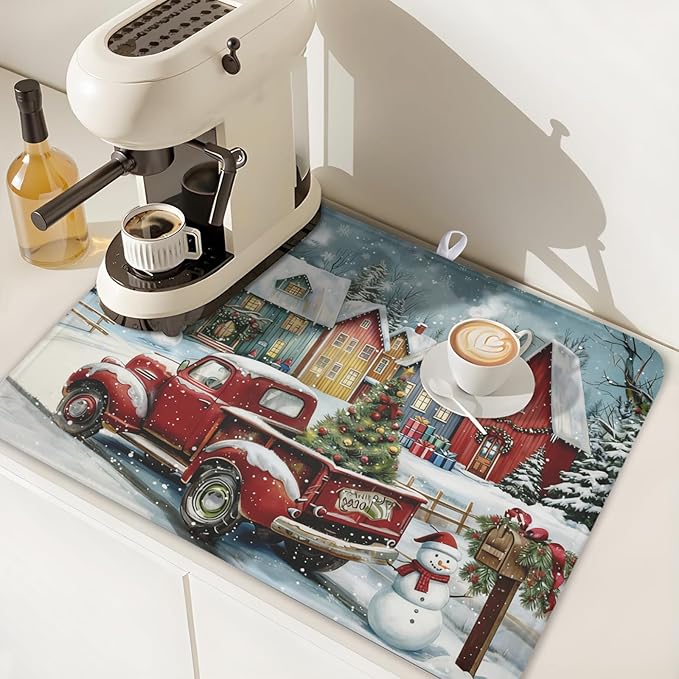 Christmas Dish Drying Mat for Kitchen Counter 24x18 Inch Xmas Red Truck Drying - Image 6