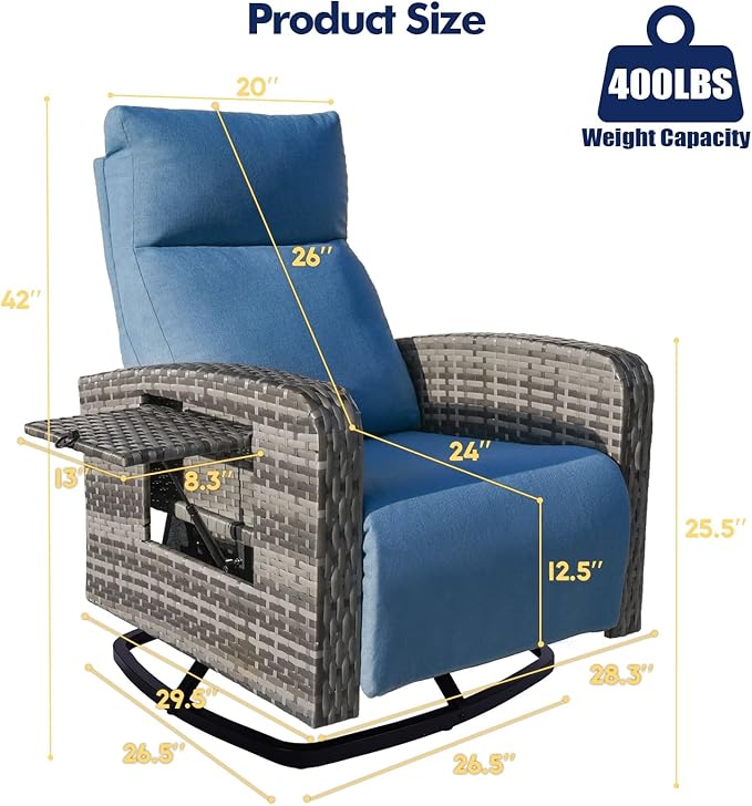 Outdoor Recliner Chair Set of 2, Wicker Patio Recliners with Adjustable Backrest and Extended Foot Rest, Reclining Patio Chairs with Flip Table & Removable Cushion Cover for Porch - Image 2