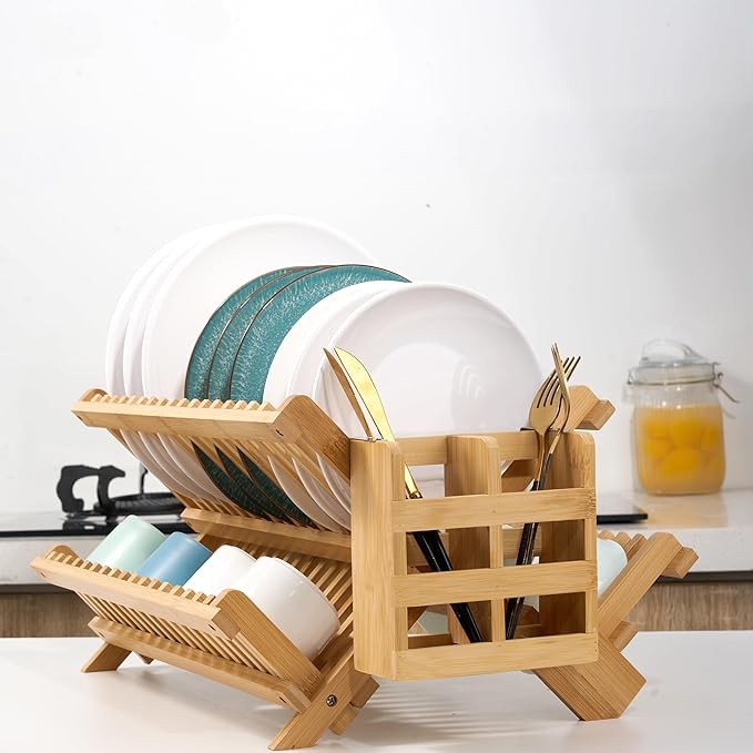 Bmaboo Dish Drying Rack for Kitchen Counter 3-Tier Collapsible Wooden Dish - Image 6