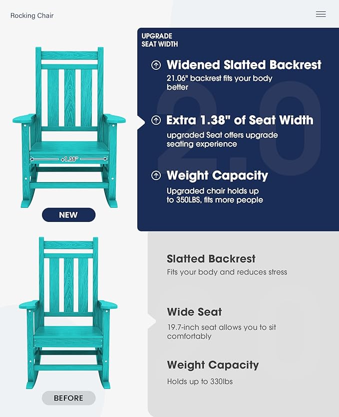 KINGYES Oversized Outdoor Rocking Chair Set of 2, All-Weather Patio Rocking Chairs for Porch, HDPE Outdoor Patio Rockers with High Back & Wide Seat for Garden, Lawn, Aruba - Image 3