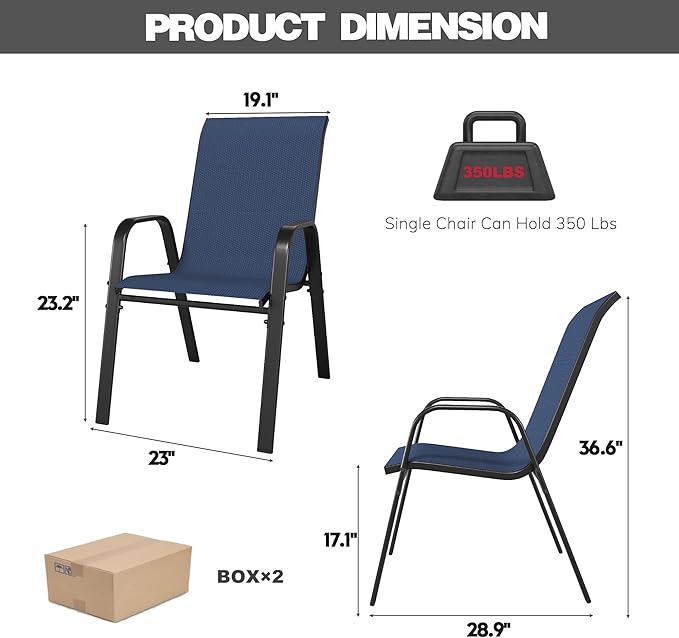 Patio Chairs, Stackable Outdoor Dining Chairs for All Weather Textilene Fabric & Metal Frame, Outdoor Chairs Set for Backyard Deck Garden (Dark Blue, Set of 4) - Image 8
