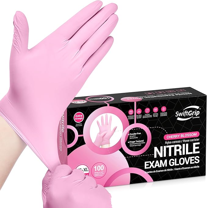 Nitrile Exam Gloves, 4 Mil, Cherry Blossom, Food Safe Gloves Disposable Latex by SwiftGrip