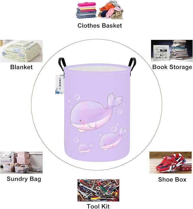 Round Foldable Girls' Storage Basket Kids Laundry Hamper Purple Gift Basket - Image 3