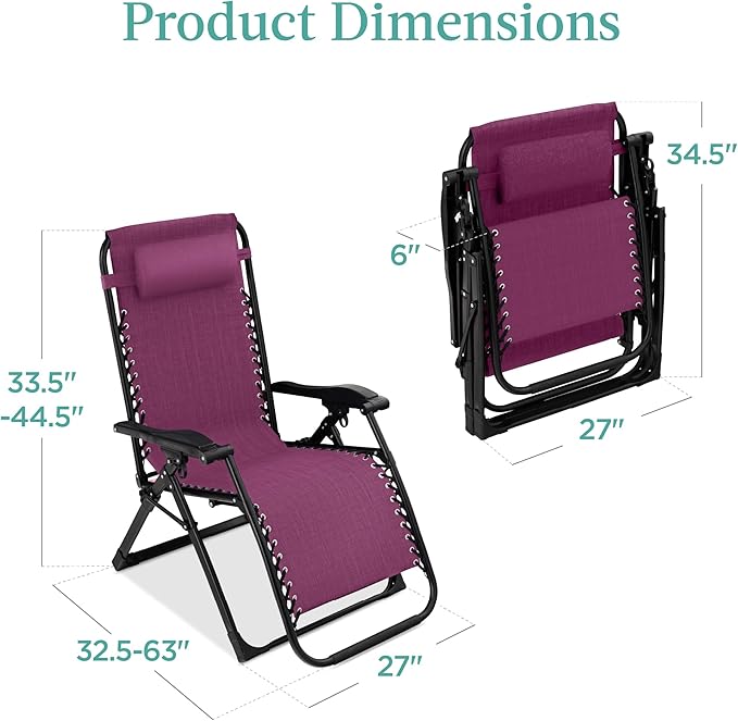 Best Choice Products Oversized Zero Gravity Chair, Folding Outdoor Patio Recliner, XL Anti Gravity Lounger w/Removable Cushion, Cup Holder, Side Tray, 350lb Capacity - Amethyst Purple - Image 2