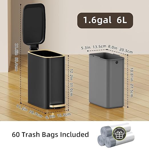 Small Bathroom Trash Can with Lid Soft Close, Step Pedal, 6L / 1.6 Gal - Image 6