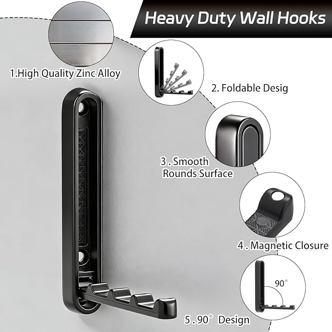 2 Pcs Folding Coat Hooks, 4.33 in Extended Foldable Black Wall Hooks Heavy Duty - Image 3