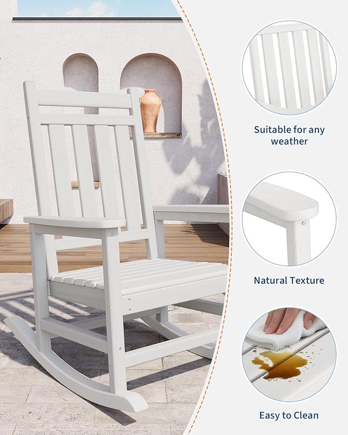 GarveeLife Poly Lumber Rocking Chair Outdoor Set of 4 with 2 Side Table - HDPE High Back Porch Rocker Chairs for Adults - All Weather Resistant Furniture for Patio - White - Image 3