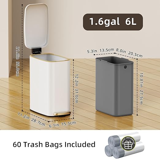 Small Bathroom Trash Can with Lid Soft Close, Step Pedal, 6L / 1.6 Gal - Image 6