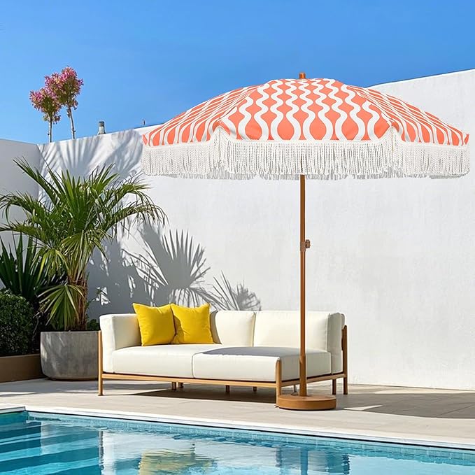 AMMSUN 7ft Patio Umbrella with Fringe Outdoor Tassel Umbrella UPF50+ Premium Steel Pole and Ribs Push Button Tilt, Wave Pink Champagne - Image 3