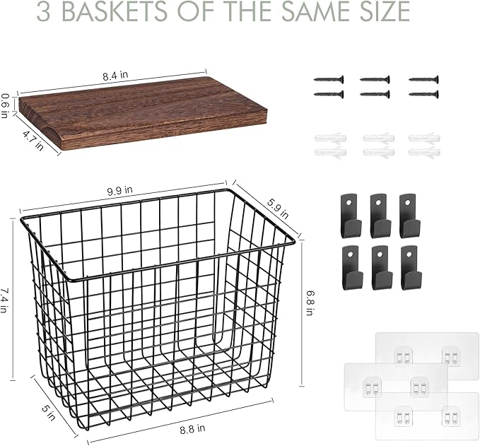 Wall Hanging Baskets 3 Pack, Diversified Wire Basket Shelves of Wooden Style - Image 2