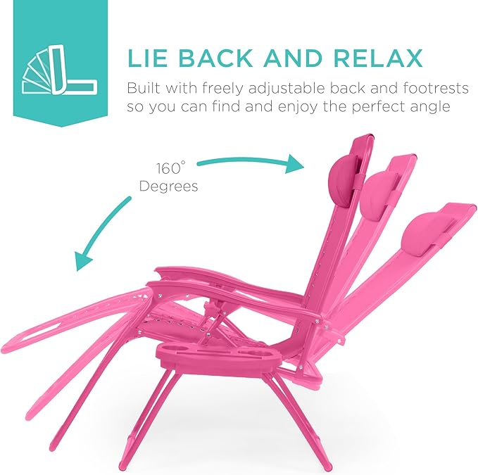 Best Choice Products Set of 2 Adjustable Steel Mesh Zero Gravity Lounge Chair Recliners w/Pillows and Cup Holder Trays - Hot Pink - Image 3