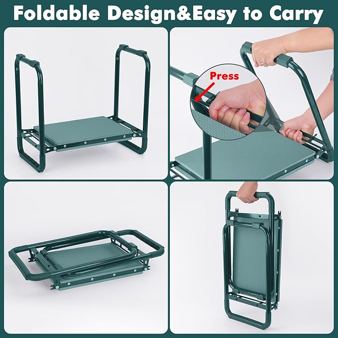 FEED GARDEN Garden Kneeler and Seat, Upgraded Foldable Gardening Stool with 10.23" Wide Kneeling Pad, Heavy Duty Gardening Bench Chair with 2 Tool Pouches, Gardening Gifts for Seniors Mom Women Men - Image 5