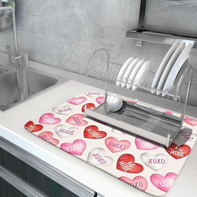 Valentines Dish Drying Mat for Kitchen Counter 18x24 Red Pink Love Heart - Image 5