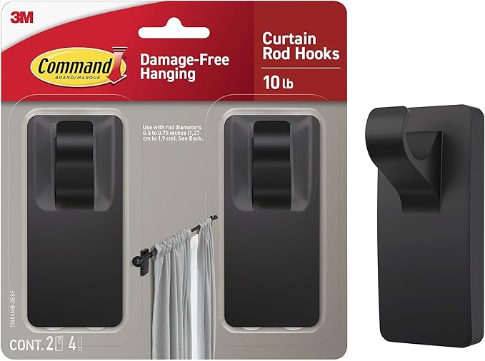 Command 10 lb Matte Black Curtain Rod Hooks, 2 Hooks and 4 Strips, No Drilling by Command