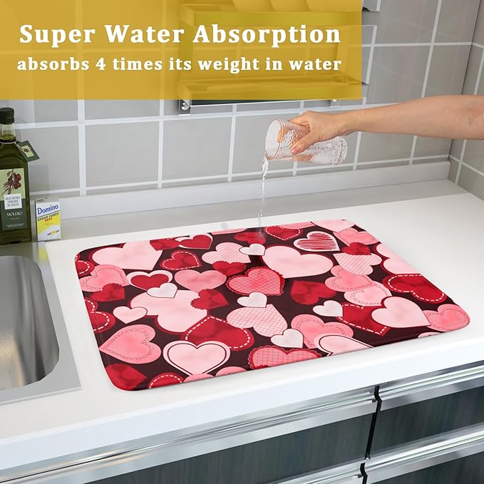 Valentines Day Dish Drying Mat for Kitchen Pink Red Hearts Absorbent Reversible - Image 7