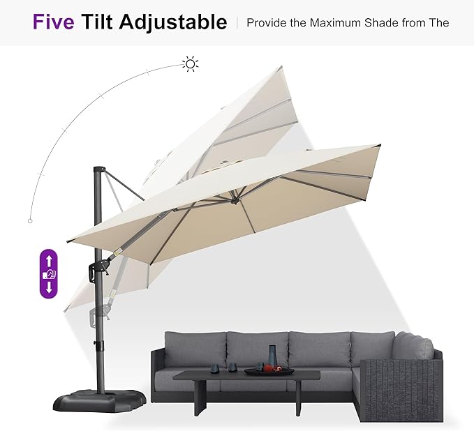 PURPLE LEAF 10 Feet Patio Umbrella with Base Outdoor Cantilever Square Umbrella Aluminum Offset Umbrella with 360-degree Rotation for Garden Deck Pool Patio, Beige - Image 8