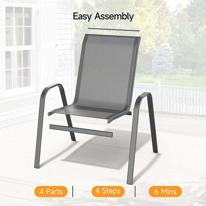 ONBRILL Patio Chairs set of 2, Easy Assembly Stackable Outdoor Dining Chairs with Wide Seat and Sturdy Metal Frame, Breathable All Weather Textilene Outdoor Chairs Set of 2 for Deck, Pool, Porch, Grey - Image 6