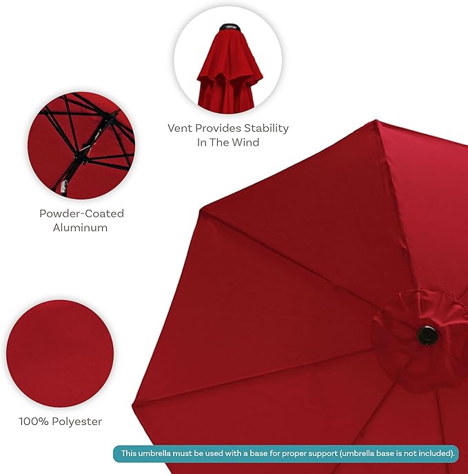 Sunnydaze Outdoor Patio Umbrella - Polyester Table Market Umbrella with Push-Button Tilt and Crank - 8 Sturdy Ribs - Red - 9ft - Image 2