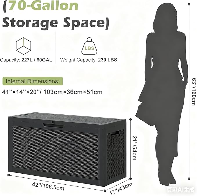 Outdoor Storage Box, Resin Deck Boxes Indoor and outdoor, Waterproof Storage Box Lockable Lid (Black, 70 Gallon) - Image 4
