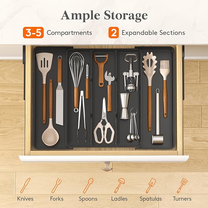 Lifewit Utensil Organizer for Kitchen Drawers, Expandable Cooking Utensil Tray - Image 3