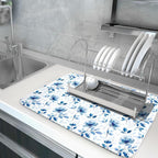 Blue Floral Dish Drying Mat 18x24 inch Flower Leaves Dish Rack Pad Microfiber - Image 5