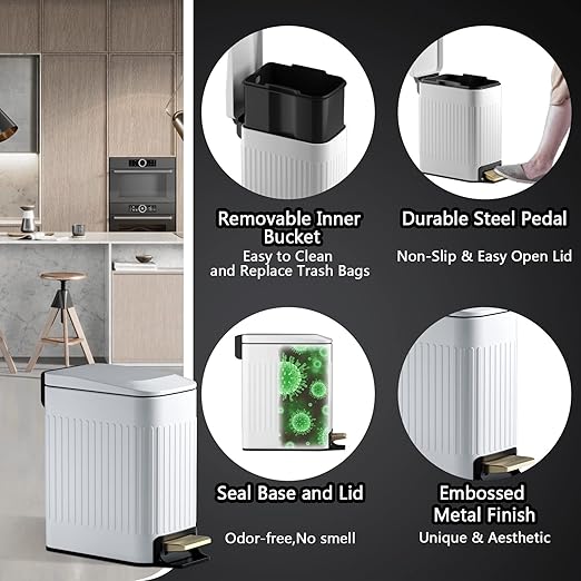 Small Bathroom Trash Can with Lid Soft Close-6L/1.6 Gal Slim Step Garbage - Image 4