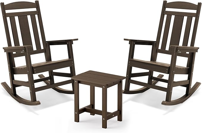 LUE BONA Outdoor Rocking Chairs Set, 3-Piece, Poly Porch Rockers with Table, Plastic Weather Resistant Rocking Chair Set for Outdoor Indoor, Garden, Backyard, 350lb, Brown, Chairs+Table by LUEBONA