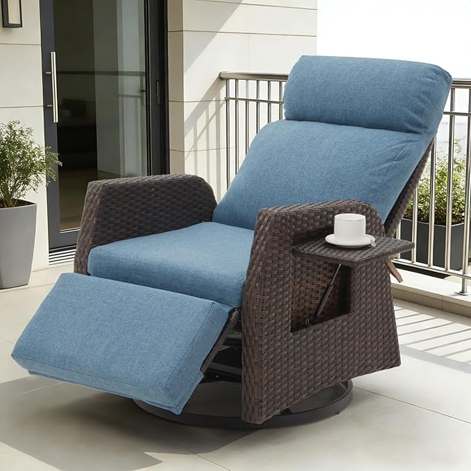 Adjustable Outdoor Recliner Chair with Independent Backrest & Footrest, Patio Swivel Recliner Chair, Wicker Reclining Patio Chair w/Flip-Up Table, Air Pump 155° Lay Flat Chaise Lounge, Blue by Unknown