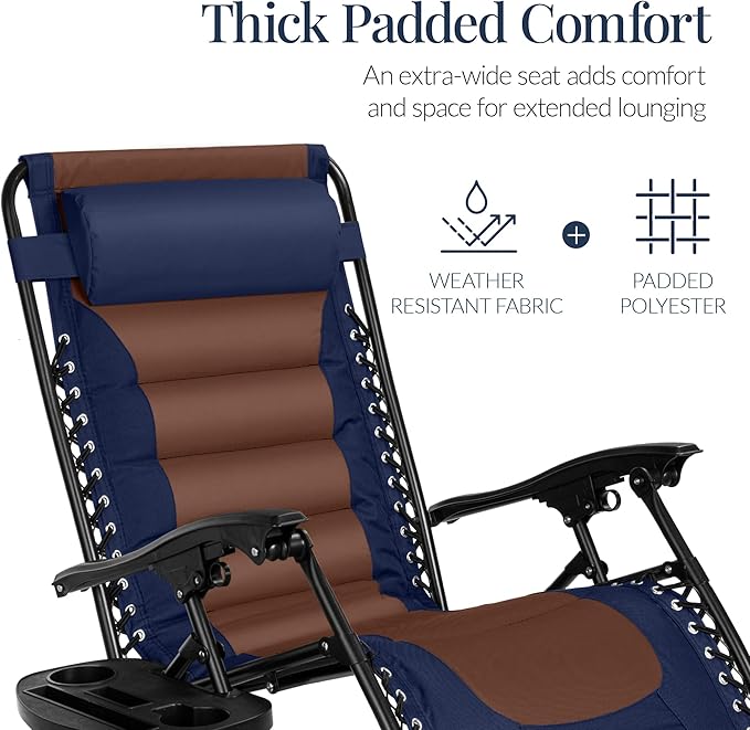 Best Choice Products Oversized Padded Zero Gravity Chair, Folding Outdoor Patio Recliner, XL Anti Gravity Lounger for Backyard w/Headrest, Cup Holder, Side Tray, Polyester Mesh - Navy/Brown - Image 5