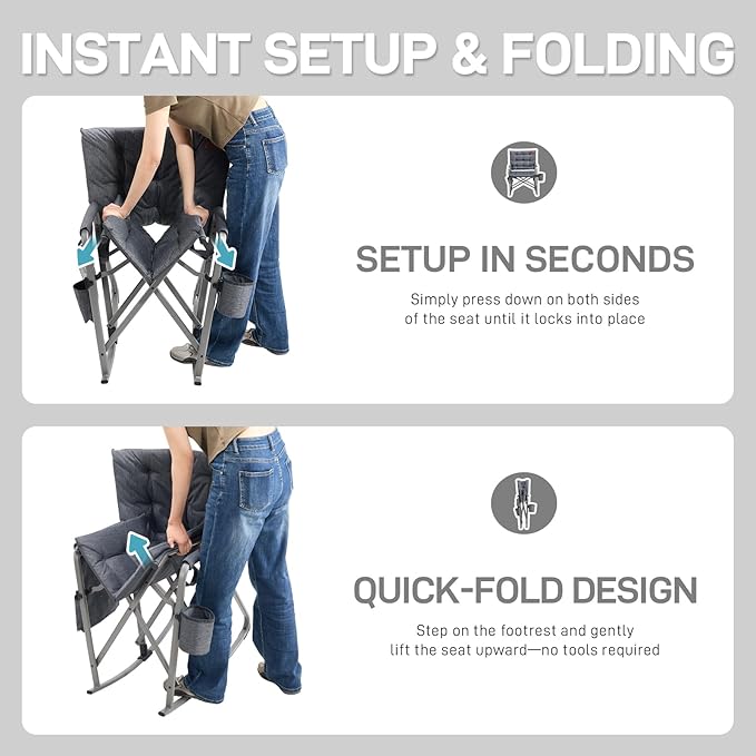 EVER ADVANCED Lightweight Folding Rocking Camping Chair, Padded Portable Rocker Chair for Patio, Lawn and Outdoors, Heavy Duty Hard Armchair for Adults, Grey - Image 4