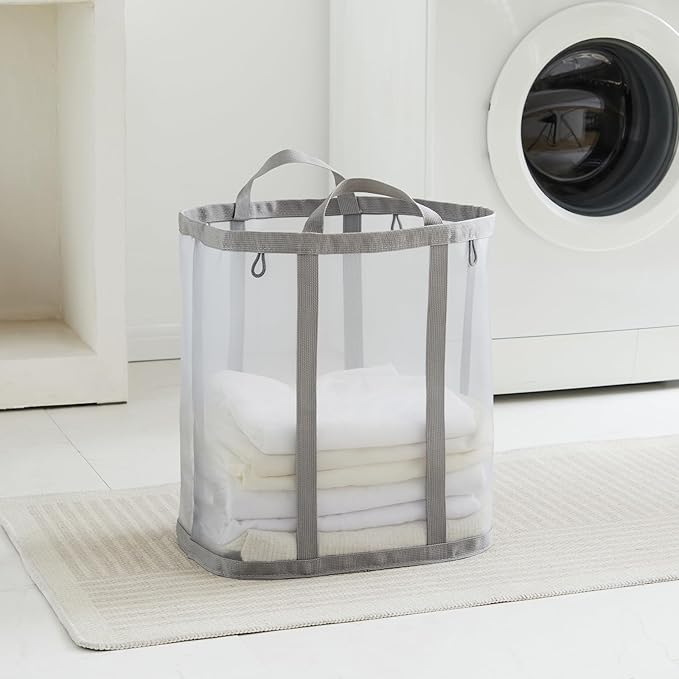 Mesh Laundry bag with Handles, 42L Collapsible Laundry Basket with 2 Hooks - Image 2