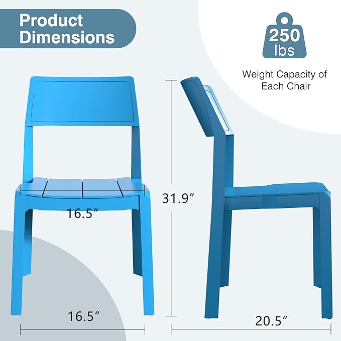 VECELO 4 Pack Stackable Dining Chairs, Plastic Patio Chairs for Indoor Outdoor Use in Kitchen, Poolside, No Assembly, Matte Blue - Image 2