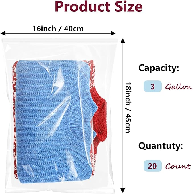 Large Plastic Bags With Zipper Top, 3 Gallon, 20 Pack, Extra Large Storage - Image 2
