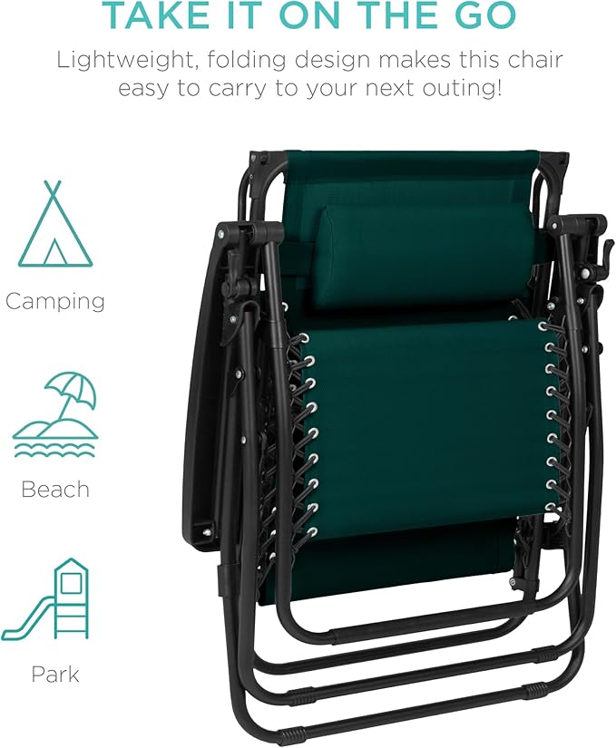 Best Choice Products 30” Wide Folding Zero Gravity Outdoor Recliner Patio Lounge Chair w/Adjustable Canopy Shade, Headrest, Side Accessory Tray - Forest Green - Image 9