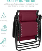 Best Choice Products 30” Wide Folding Zero Gravity Outdoor Recliner Patio Lounge Chair w/Adjustable Canopy Shade, Headrest, Side Accessory Tray - Burgundy - Image 9