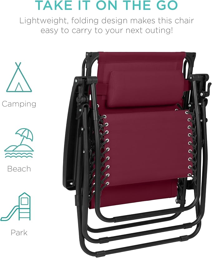 Best Choice Products 30” Wide Folding Zero Gravity Outdoor Recliner Patio Lounge Chair w/Adjustable Canopy Shade, Headrest, Side Accessory Tray - Burgundy - Image 9