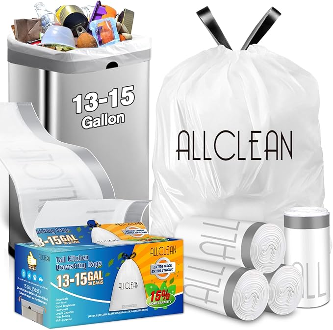 Allclean 13 To 15 Gallon Trash Bags, Tall Kitchen Garbage Bags Drawstring by ALLCLEAN