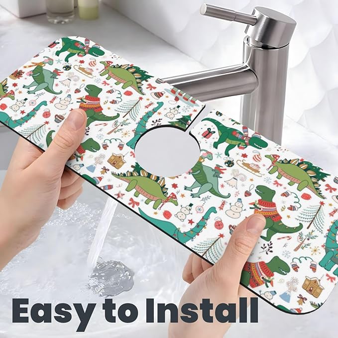 Dinosaur Christmas Happy New Year Kitchen Sink Splash Guard Faucet Mat Super - Image 6