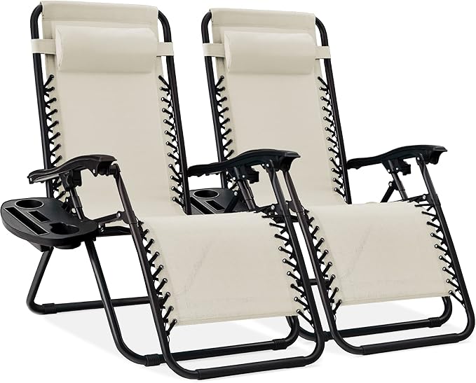 Best Choice Products Set of 2 Adjustable Steel Mesh Zero Gravity Lounge Chair Recliners w/Pillows and Cup Holder Trays - Ivory by BestChoiceProducts