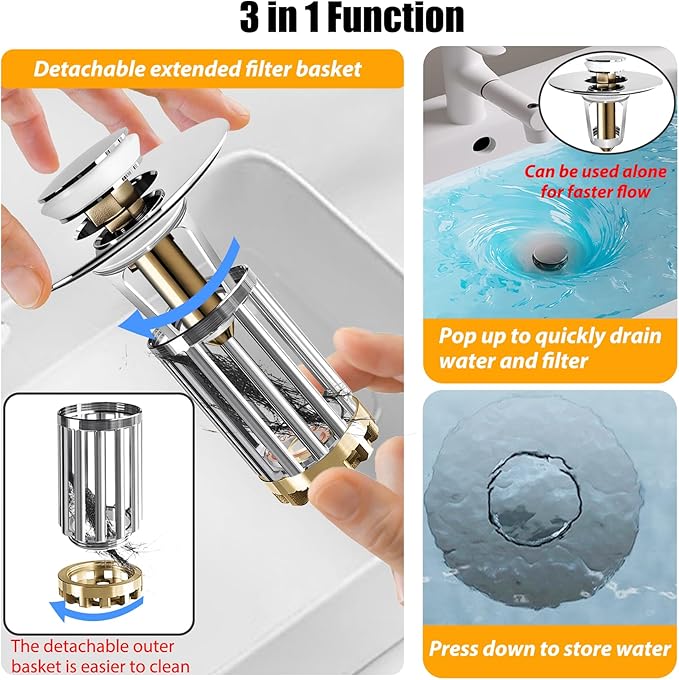 Bathroom Sink Drain Strainer, 3 in 1 Pop Up Bathroom Sink Stopper - Image 5