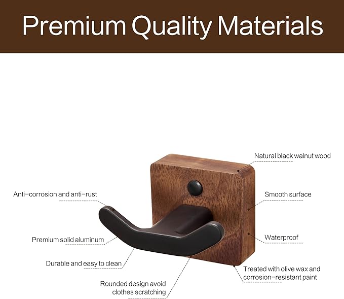 3 Pack Matte Black Wall Coat Hook Rack, Modern Coat Hooks Black Walnut Wood - Image 5