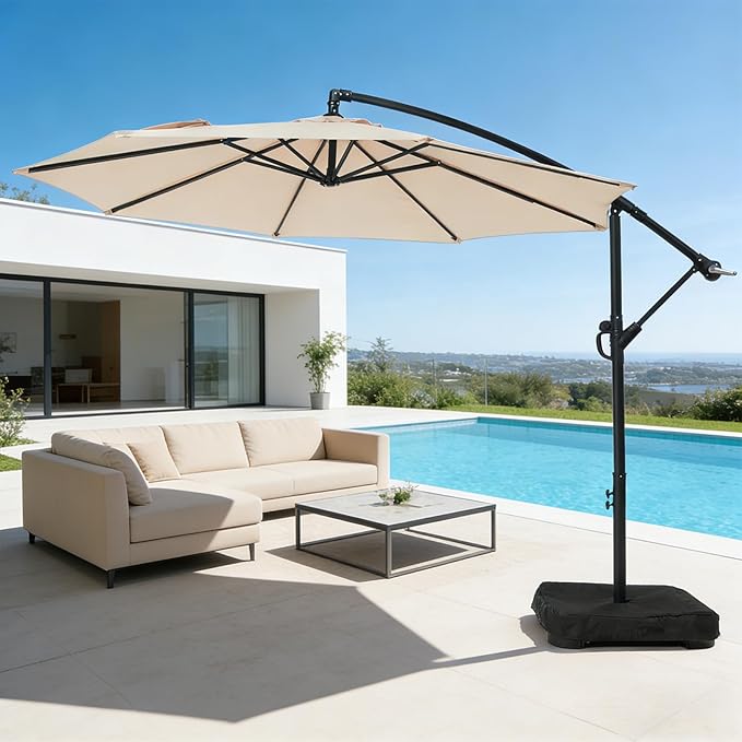 wikiwiki 10ft Patio Umbrella with Base Included, Outdoor Offset Cantilever Umbrella with Sandbag Base for Backyard, Garden and Pool, Easy to Tilt and Crank, Beige - Image 9
